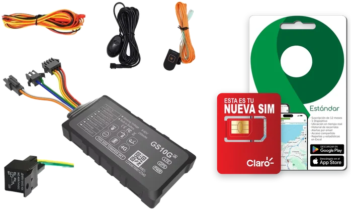 Kit GS10: rastreador, cables, micrófono, botón SOS, relé, SIM Claro y tarjeta de activación Plaspy
